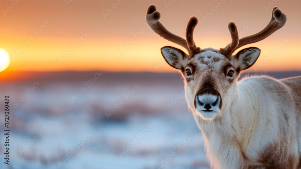 Obraz premium Reindeer watching camera during winter sunset in lapland