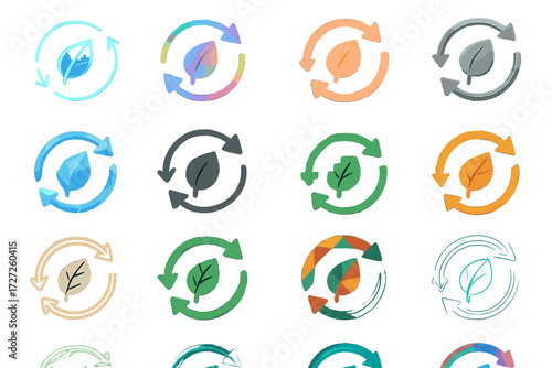 Diverse Eco Swap Icons. Creative Eco Swaps set of icons in abstract flat : neon glowing eco swap, holographic eco swap, pastel gradient eco swap,