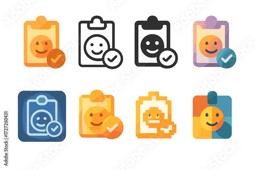Emotional Icons Collection. Emotional Check-in Styles set of icons in abstract flat : flat emotional check-in icon, outline emotional check-in icon,