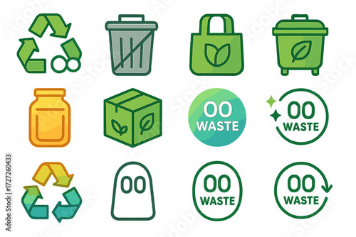 Zero Waste Icons. Zero Waste Variations set of icons in abstract flat : recycle symbol with infinity, trash bin with slash, reusable bag, compost bin