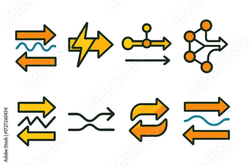 Science and technology linear icon set. featuring arrows, electric, nodes, connections, networks, and synchronization