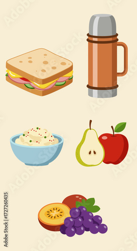 Isometric illustration of a packed lunch with a sandwich thermos salad and assorted fruit