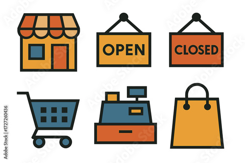 Abstract Storefront Icons. Basic Storefront set of icons in abstract flat : shop building, open sign, closed sign, shopping cart, cash register,