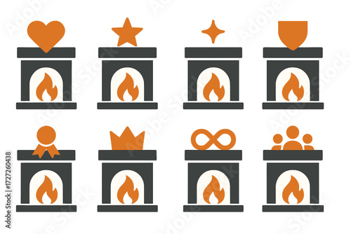 Symbolic Fireplace Icons. Symbolic Fireplaces set of icons in abstract flat : fireplace with heart, fireplace with star, fireplace with sparkle,