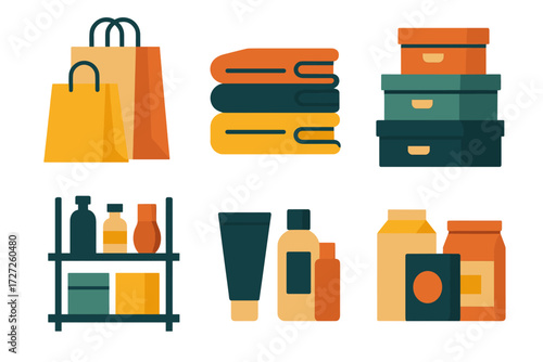 Retail Icons. Retail Display set of icons in abstract flat : stacked shopping bags, folded clothes stack, shoe boxes, shelf products, cosmetics
