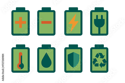 Abstract Battery Icons. Battery Indicators set of icons in abstract flat : battery with plus sign, battery with minus sign, battery with lightning