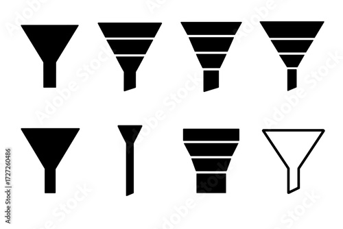 Funnel Icons. Basic Lead Funnels set of icons in abstract flat : simple cone funnel, funnel with three layers, funnel with four layers, funnel with