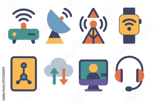 Connectivity Icons Collection. Connectivity & Devices set of icons in abstract flat : router with signal waves, satellite dish, WiFi tower,