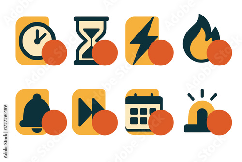 Urgent Icons Collection. Urgency & Alerts set of icons in abstract flat : limited stock with clock, limited stock with hourglass, limited stock with