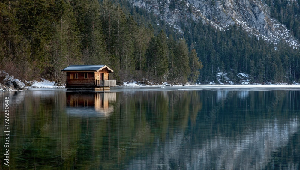 Obraz premium A tranquil wooden cabin sits serenely on a frozen lake, reflecting the surrounding pines and mountains in a still, winter scene.