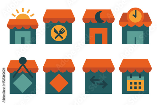 Store Icons. Opening Contexts set of icons in abstract flat : store with rising sun, store with lunch break sign, store with after-hours moon, store