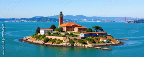 Former federal prison on a remote island in San Francisco Bay, offering stunning city views and a glimpse into infamous history, rocky, island, ruins