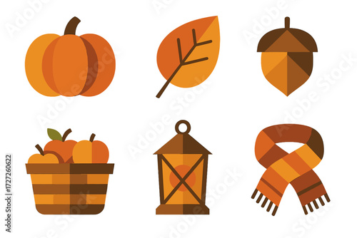 Autumn Icon Set. Autumn Joy set of icons in abstract flat : pumpkin, falling leaf, acorn, apple basket, lantern, cozy scarf.