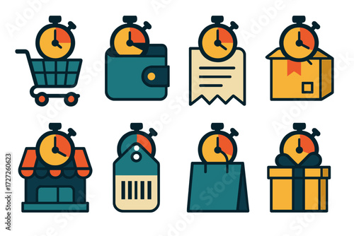 Deal Timer Icons. Shopping Context set of icons in abstract flat : deal timer with shopping cart, deal timer with wallet, deal timer with receipt,