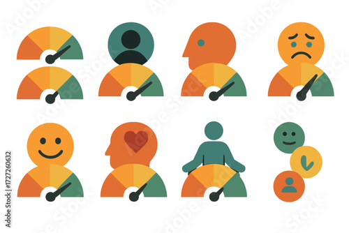 Emotion and mood silhouette icon set. featuring happiness, sadness, love, satisfaction, confusion, anxiety, confidence