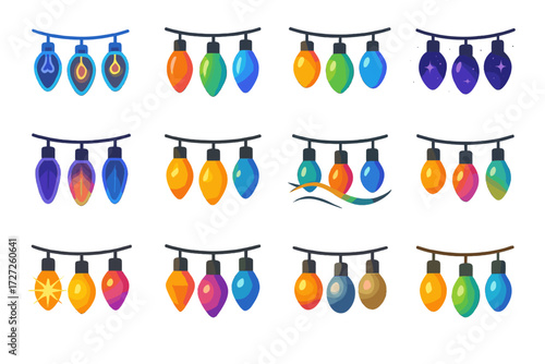 Holiday Lights. Creative Holiday Lights set of icons in abstract flat : neon glowing lights, gradient holiday lights, rainbow string lights, cosmic