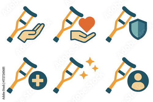 Supportive Care Icons. Supportive Care set of icons in abstract flat : crutch with helping hand, crutch with heart, crutch with shield, crutch with