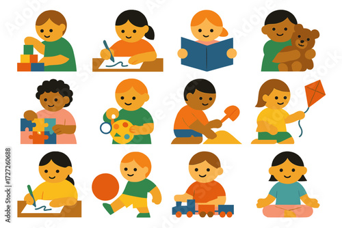Kids Mindful Play Icons. Kids Mindful Play set of icons in abstract flat : child stacking blocks, child coloring, child reading, child with teddy