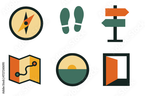 Symbolic Journey Icons. Symbolic Path set of icons in abstract flat : compass, footprints forward, signpost arrows, map with route, telescope view,