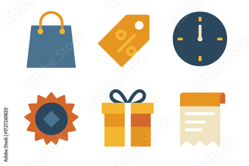 Midnight Sale Icons. Basic Midnight Sale set of icons in abstract flat : shopping bag, discount tag, clock at midnight, sale badge, gift box, receipt
