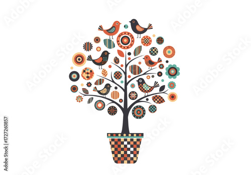 Whimsical Folk Art Tree with Birds in a Pot.