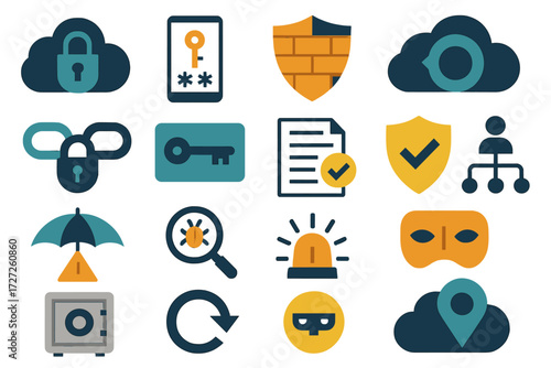 Security technology flat icon set. featuring lock, shield, key, cloud, firewall, update, safe, and alert symbols.
