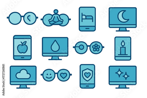 Wellness and relaxation linear icon set. featuring meditation, sleep, mindfulness, health, and nature symbols