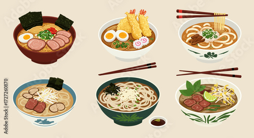 Six bowls of Asian noodle soup dishes arranged in two rows