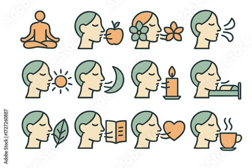 Wellness Breath Icons. Wellness Calm Breath set of icons in abstract flat : breath with yoga pose, breath with apple, breath with flower, breath with