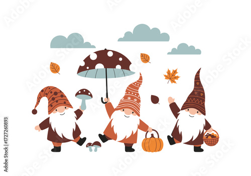 Three cute gnomes celebrating autumn with pumpkins and an umbrella.