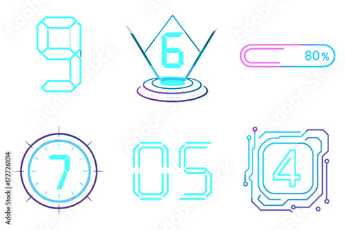 Futuristic digital neon silhouette icon set. featuring numbers, timer, percentage, clock, and hologram symbols