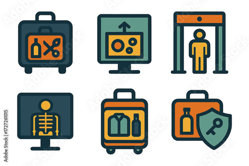 X-Ray Icon Set. Security X-Ray set of icons in abstract flat : luggage x-ray, package x-ray, airport scanner, x-ray monitor screen, suitcase with