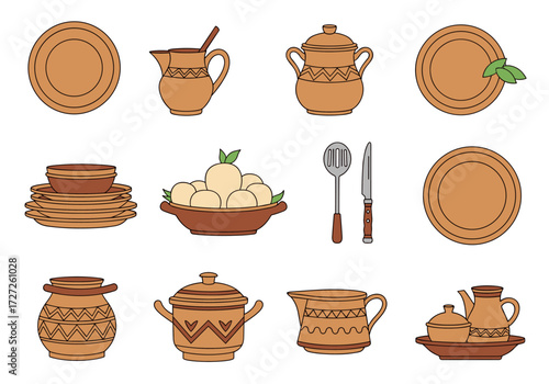 Collection of Rustic Ceramic Pottery and Dishes.