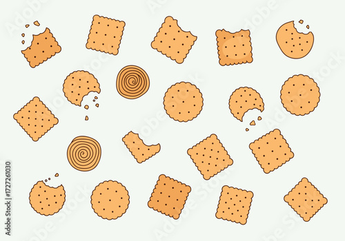 Assortment of Delicious Crackers and Biscuits Scattered on a White Background.