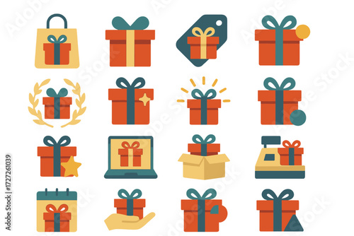 Gift Icons. Retail Wrapped Gifts set of icons in abstract flat : shopping bag with gift, product box gift, sale tag gift, bonus wrapped gift,