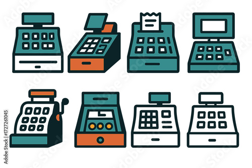 Cash Register Icons. Basic Cash Registers set of icons in abstract flat : classic cash register with drawer, modern POS cash register, cash register