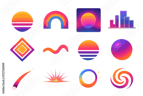 Evening Glow Icons. Creative Evening Glow Icons set of icons in abstract flat : neon glowing sunset, rainbow gradient glow, cosmic twilight glow,