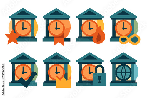 Time Icons Collection. Time Indicators set of icons in abstract flat : bank hours with star, bank hours with ribbon, bank hours with flame, bank