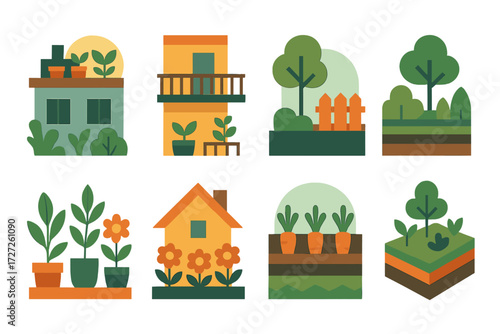 Garden Icons. Garden Variations set of icons in abstract flat : rooftop garden, balcony garden, backyard garden, indoor potted plants, flower garden