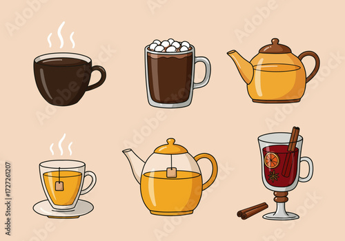 Six cozy beverage items displayed in two rows against a pale background
