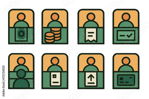 Business transaction flat icon set. featuring money, coins, receipt, checklist, user, invoice, upload, and card symbols