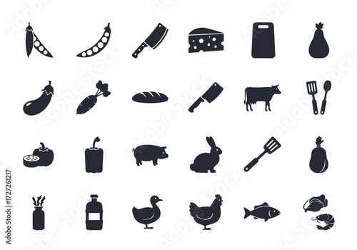 Collection of Food and Farm Animal Icons.