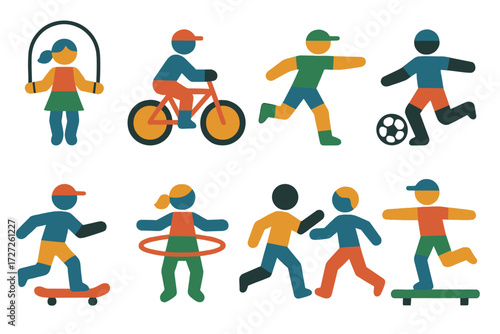 Outdoor Play Icons. Active Outdoor Play set of icons in abstract flat : outdoor play with jump rope, outdoor play with bike, outdoor play with