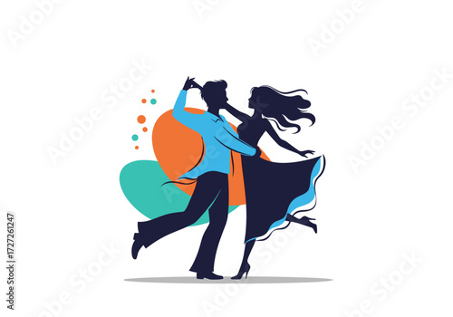 Couple dancing with colorful abstract shapes in background.