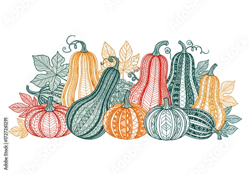 Autumn Harvest Pumpkins Gourds Fall Seasonal Decoration Illustration.