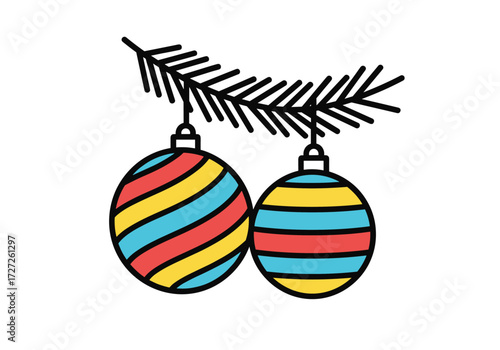 Christmas ornaments hanging on a pine branch.