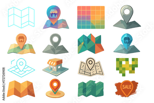 Retail Icons. Creative Retail Maps set of icons in abstract flat : neon glowing map, holographic shop pin, gradient retail grid, metallic location