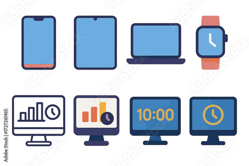 Screen Time Icons. Basic Screen Time set of icons in abstract flat : phone with screen, tablet with screen, laptop with screen, smartwatch with
