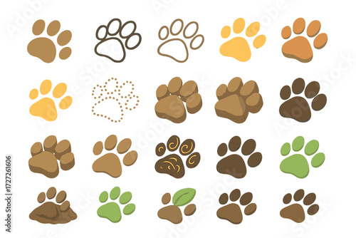 Diverse Paw Print Icons. Wildlife Paw Basics set icons in modern isometric flat : simple paw print, bold outline paw, minimal line paw, gradient paw,