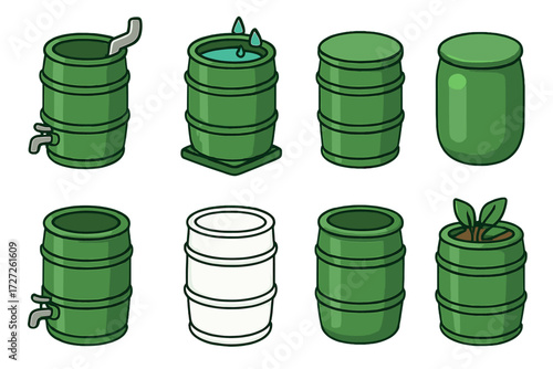 Rain Barrel Icons. Basic Rain Barrels set icons in modern isometric flat : classic rain barrel with spout, rain barrel with water collection, rain